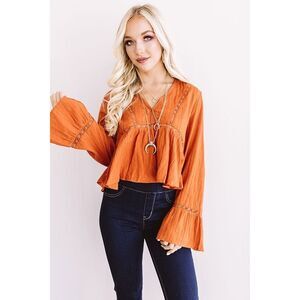 Loveriche Orange Peplum Lace Detail Flare Sleeve Top Size Large